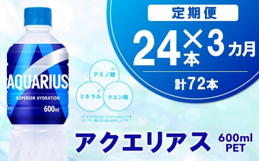 【3カ月定期便】アクエリアス 600mlPET×24本(1ケース)【コカコーラ 熱中症対策 スポーツ飲料 スポーツドリンク 水分補給 カロリーオフ ペットボトル 健康 スッキリ ミネラル アミノ酸 クエン酸 リフレッシュ 常備 保存 買い置き】K090464