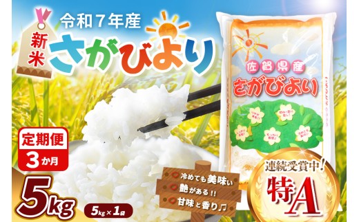【令和7年産新米】【3カ月定期便】さがびより 5kg【特A米 米 ブランド米 県産米 精米 ごはん おにぎり お弁当 ふっくら もっちり】K018365