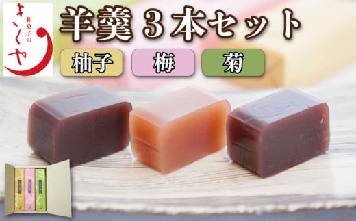 和菓子 羊羹 ようかん 3本 菊 梅 柚子 セット 詰合せ あんこ 餡子 こしあん お菓子 デザート スイーツ 小豆 茶菓子 お茶請け ギフト 贈答 徳島県 吉野川市