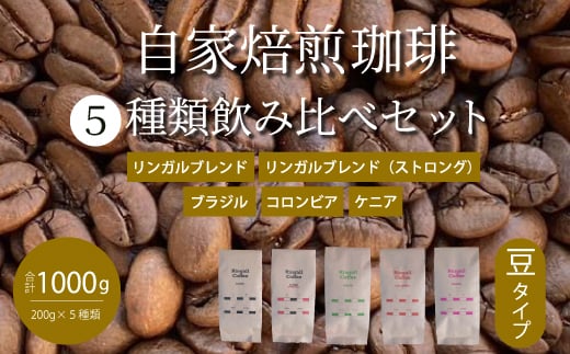 【 自家焙煎 コーヒー豆1kg(200g×5種)】 飲み比べセット 珈琲 ブレンド 194003