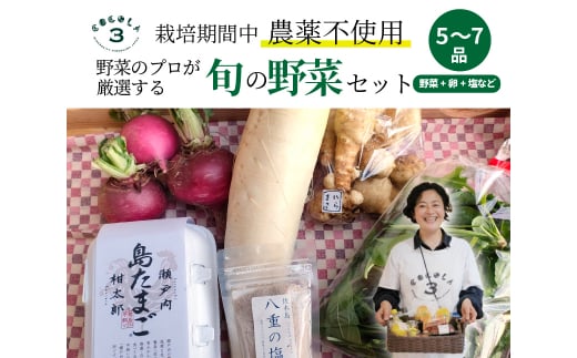 【栽培期間中無農薬】野菜のプロが選ぶ. 旬の野菜・卵・天然塩  全5〜7品詰め合わせセット(レシピ付き) 野菜 塩 卵 たまご 有機農家  野菜セット オーガニック レシピ 広島県 三原市 佐木島 083001