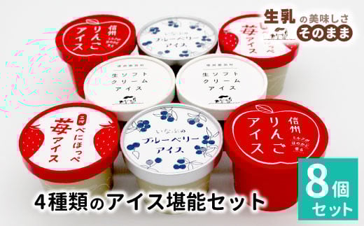 4種類のアイス堪能8個セット 生ソフトクリームアイス 紅ほっぺ いちごアイス 80ml 100ml 生乳 牛乳 ミルク スイーツ アイスクリーム 信州 搾りたて アイス イチゴ ブルーベリー 5000円