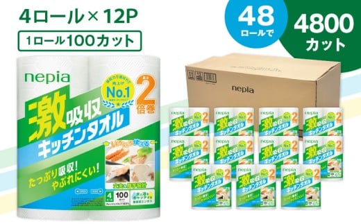 【A012】紙のまち苫小牧 王子ネピア 激吸収 キッチンタオル 100 (48ロール) T001-001