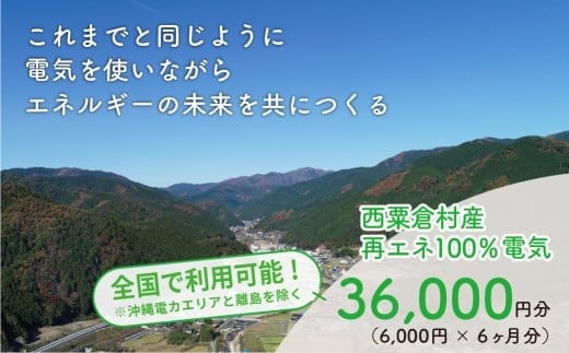 電気料金 （6,000円✕6ヶ月分） 百森でんき CO2フリー 地域電力 お礼の電力 電気代 脱炭素 ゼロカーボン 岡山県 西粟倉村 【まずは寄付のお申し込みを！】 e-vv-A04D