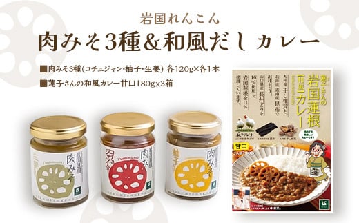 岩国蓮根 肉みそ 3種(コチュジャン・柚子・生姜)・和風だしカレー3箱 セット【池本食品】