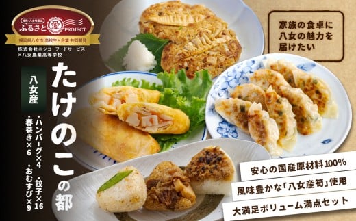 たけのこの都(みやこ)  お惣菜＆おむすびセット | 八女産たけのこを使った簡単おかず＆おむすびセット ハンバーグ（100g×4個） 餃子（8個×2袋）春巻き（6個） 牛ペッパーおこわおむすび（３個）焼き味噌おむすび（３個） 純和風おむすび（３個）惣菜 惣菜 弁当 レンジ 惣菜 温めるだけ お惣菜  たけのこ 福岡県 八女市 【ふるさと愛プロジェクト】