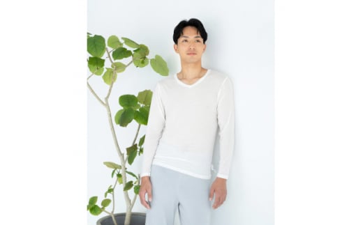 <洗える/柔らかマシュマロ素材/草木染め>長袖Vネックインナー オフシロ【1555836】