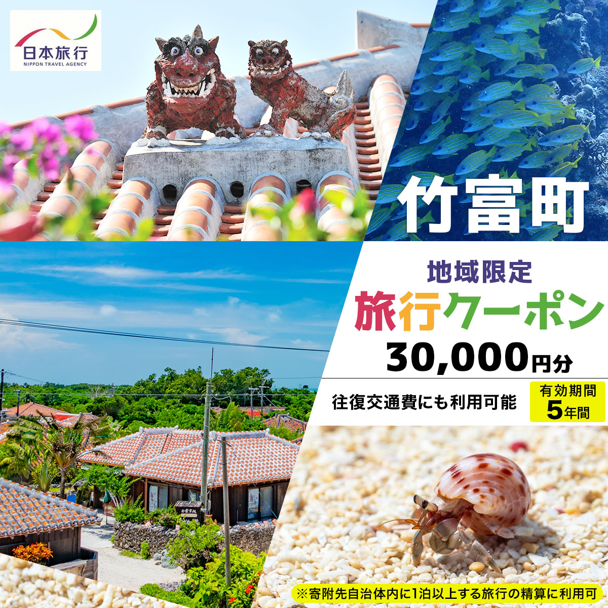 沖縄県竹富町 日本旅行 地域限定旅行クーポン30,000円分（Eメール発行）【チケット 旅行 宿泊券 ホテル 観光 旅行 旅行券 交通費 体験  宿泊 夏休み 冬休み 家族旅行 ひとり カップル 夫婦 親子 トラベルクーポン 竹富町旅行】017-a006