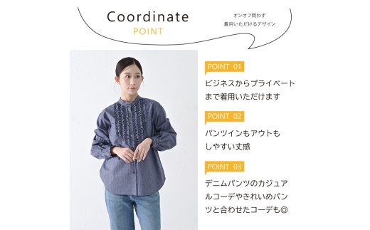 ふるさと納税 服 女 兵庫県 西脇市  THE INDUSTRY WORKS フロントフリルネックブラウス（ネイビー×ブルー）・1着　TIW-W038（66-27） レディース ブラウス カ… pd_dead728d3aea3d5a633476ac5a3