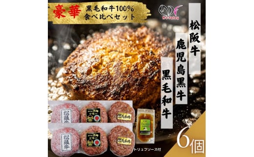 【ふるさと納税】【食べ比べ豪華セット】 松阪牛 & 鹿児島黒牛 & 黒毛和牛 100% ハンバーグ パティ 130g×6パック(各2パック)  トリュフソース付