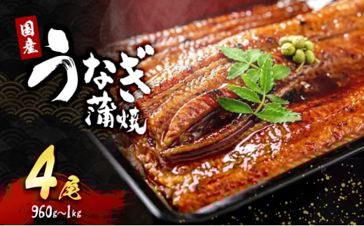 「国産うなぎ蒲焼」4尾(960g～1kg)[№5385-0628]