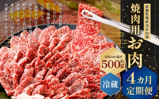 武藤牧場直売店山嘉 焼肉用お肉 約500g×4回 合計2kg 【冷蔵 定期便4ヶ月】 ／ 牛肉 焼き肉 定期便 三重県 桑名市