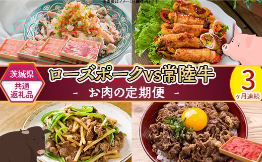 291【茨城県共通返礼品】肉 豚肉 牛肉 ローズポーク 常陸牛 定期便 お楽しみ 3ヶ月 しゃぶしゃぶ 焼肉 食べ比べ 贅沢 茨城 ごちそう おまかせ