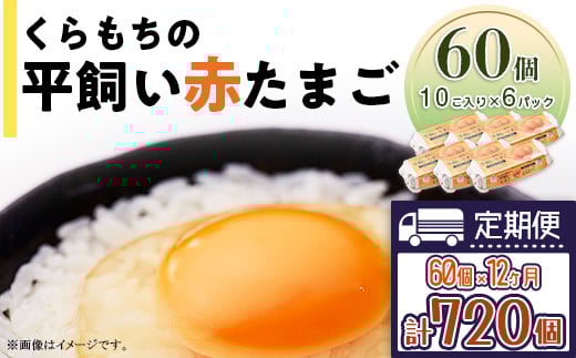 460 たまご 60個 6パック 定期便 12カ月 計720個 小分け 新鮮 赤 玉子 卵 タマゴ くらもちの農場 平飼い