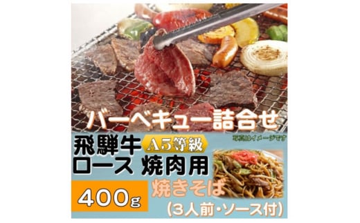 飛騨牛ロース5等級400g・焼きそば3人前(ソース付) バーベキューセット 【1416386】