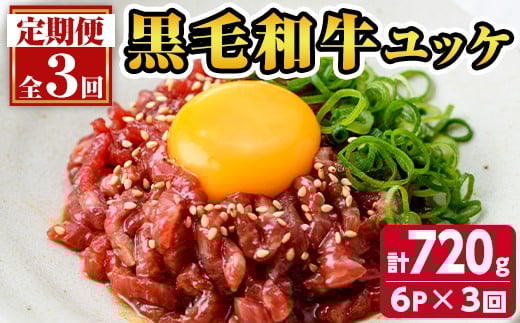 s706 <定期便・全3回(隔月)>鹿児島県産黒毛和牛ユッケ(計720g・40g×6パック×3回) 鹿児島 国産牛 九州産 牛肉 黒牛 生食用 小分け 冷凍 ユッケ 黒毛和牛 牛 【カミチク】