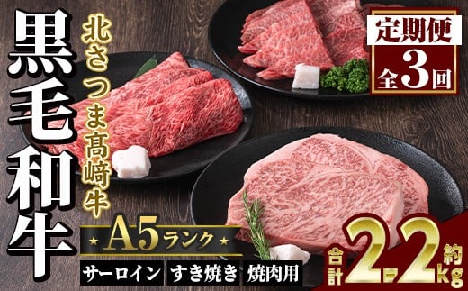 s717  <定期便・全3回>鹿児島県産 北さつま高崎牛 プレミアムセット (合計約2.2kg)  黒毛和牛 牛肉 A5ランク A5等級 ステーキ サーロイン 霜降り サシ 赤身 すきやき すき焼き しゃぶしゃぶ 焼肉 セット 真空パック 冷凍 【太田家】
