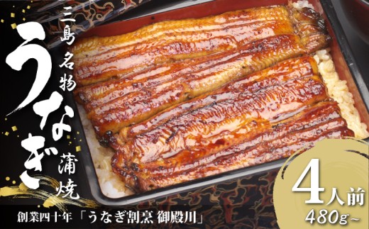 静岡 名産 うなぎ 蒲焼 4人前 480g〜 冷蔵 静岡名産 三島名物 真空パック 御殿川 極上うなぎ 熟練職人 土用丑の日 晩ごはん 家族 惣菜 うなぎ 鰻重 うな重 蒲焼き 老舗 うなぎ料理 川魚 和食 グルメ 贈り物 ギフト 特産品 うなぎの蒲焼 鰻料理 うなぎ専門店 うなぎ通販 お取り寄せ 三島市 静岡県