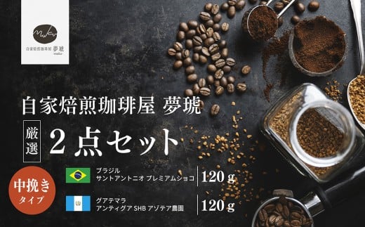 No.1020 府中から世界に発信できる店を【自家焙煎珈琲屋 夢琥】中挽豆2点セット / コーヒー豆 ブラジル グアテマラ 高品質 フレーバー感 後味の甘さ 広島県