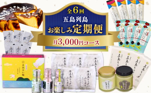 【全6回定期便】五島列島 お楽しみ定期便 月3,000円コース 五島うどん うどん ふしめん あご あごだし だし 塩 しお ソルト プリン チーズケーキ ケーキ 【虎屋】 [RBA051]