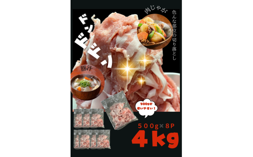A1-0440/【訳あり】鹿児島県産 豚肉 切り落とし 4kg(500g×8P)