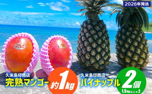 【2026年発送】久米島印商店 完熟マンゴー約1kg&パイナップル(N67-10)2個(1.5kg以上×2) マンゴー パイナップル セット 甘い 酸味 バランス 人気 贈り物 ギフト フルーツ 果物 デザート スムージー ジュース アイス ヨーグルト ジャム 南国 沖縄 久米島