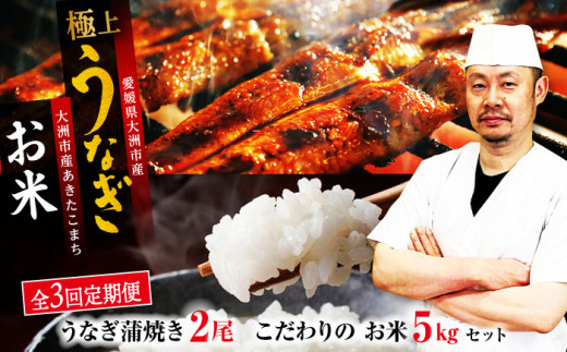 【全3回定期便】 うなぎ 蒲焼き 2尾 と 生産者 こだわり のお米 5kg セット 愛媛県大洲市/有限会社 樽井旅館[AGAH008] うなぎ 国産 鰻 うな丼 鰻丼 うな重 鰻重 かば焼き 蒲焼 高級 おこめ お米 セット 大洲市産 おすすめ 人気 お取り寄せ 送料無料 贈答 ギフト