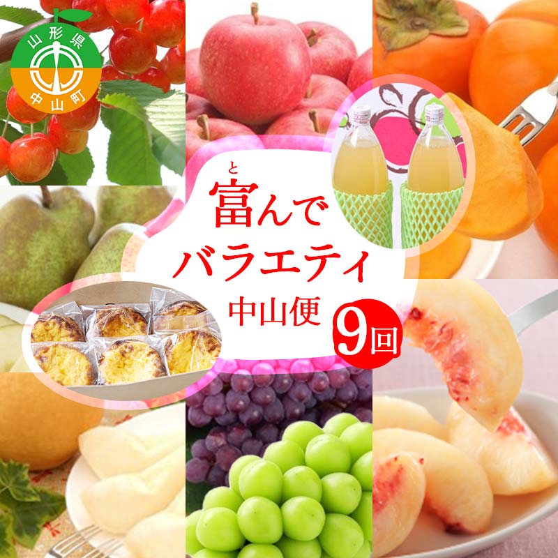 【定期便9回】富んでバラエティ中山便 さくらんぼ デラウェア 白桃 シャインマスカット 平種無柿 ラ・フランス サンふじりんご ジュース エッグタルト F4A-0976