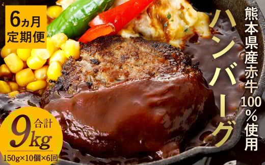 【6ヶ月定期便】熊本県産赤牛 ハンバーグ 9kg （150g×10個×6回）