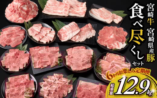 6か月 お楽しみ 定期便 宮崎牛 宮崎県産豚 食べ尽くし セット 総重量12.9kg 数量限定 6回 肉 牛肉 豚肉 国産 食品 黒毛和牛 小分け ロース 豚バラ 小間切れ スライス 焼肉 しゃぶしゃぶ すき焼き おかず 冷凍 おすすめ ギフト 宮崎県 日南市 送料無料_P1-24