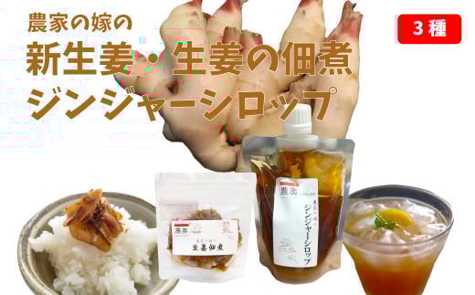 【新生姜1kg・佃煮1袋・シロップ1個】農家の嫁の生姜佃煮1袋70g ジンジャーシロップ200ml クラフトジンジャー 掘りたて 土付き 新ショウガ 1kg ごはんのお供 <新生姜収穫後11月下旬頃から順次発送>(C)