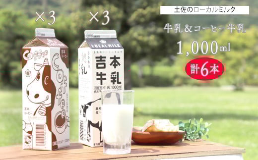 <吉本牛乳(さかわの地乳)・ 吉本コーヒー 各1L×3本 合計6本>   コーヒー牛乳 吉本乳業 高知県 佐川町 成分無調整 生乳100% ぢちち NHKあさイチで紹介 ご当地牛乳 ご当地コーヒー牛乳