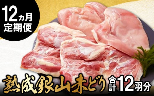【熟成】銀山赤どり精肉定期便（１羽分×12回お届け）【鶏肉 定期便 地鶏 もも肉 むね肉 1羽分 まるごと 1kg～1.2kg 12回 合計12羽分 定期 鶏 赤鶏 赤どり 熟成 冷凍 真空パック 国産 島根県 大田市】