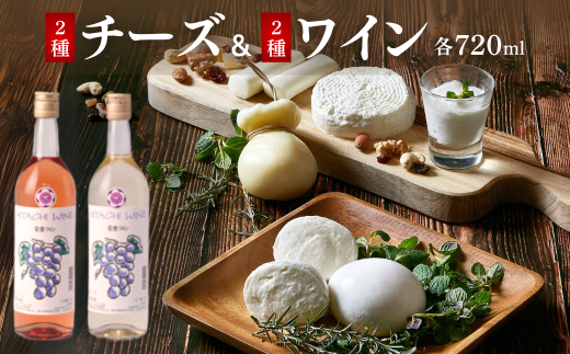 チーズ2種&ワイン2種セット (各720ml)  ひたちおおたチーズ工房 檜山酒造 | チーズ ワイン 手作り 自家製 国産 乳製品 お酒 酒 白ワイン ロゼ おつまみ お取り寄せ チーズセット ギフト 贈答 贈り物 詰め合わせ セット 茨城県 常陸太田市