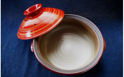 H41   小石原焼紅飛鉋土鍋3人~4人用(Mサイズ)直径約26cm