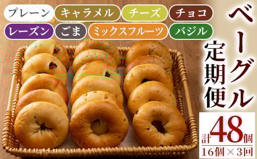isa247 【定期便・全3回(3ヶ月連続)】ベーグル(総計48個・16個<8種各2個>×3回) ふるさと納税 伊佐市 特産品 パン 国産 焼きたて 急速冷凍 ベーグル プレーン レーズン チョコ キャラメル ごま チーズ ミックスフルーツ 8種 セット 詰合せ【工房あけぼの】