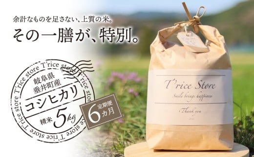 《6か月定期便》《令和7年産》《新米》T rice Store 岐阜県産 コシヒカリ 30kg(5kg×6回)| 垂井町産 米 こめ お米 白米 精米 冷めても美味しい米 ブランド米 高品質 安心 安全 リピーター多数 贈答用 贈り物 ギフト プレゼント おしゃれ 人気