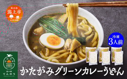 かたがみグリーンカレーうどん 3人前 カレー うどん カレーうどん 比内地鶏 小分け 麺 冷凍 3個 3袋 簡単 お手軽 レトルト スープ付き うどんの素 国産 道の駅 ご当地 一人暮らし【秋田味商】