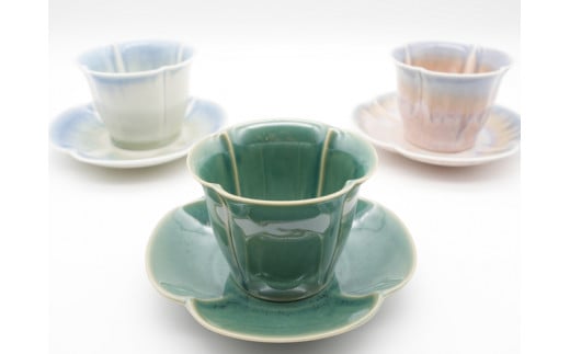 フローラ カップアンドソーサー 3客セット(織部、紫グラデーション、青グラデーション)