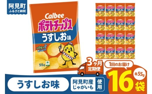 [3回定期便]カルビー ポテトチップスうすしお味(55g) 16個|Calbee お菓子 菓子 おやつ おかし ぽてち ポテチ スナック おつまみ ジャガイモ じゃがいも(93-02)