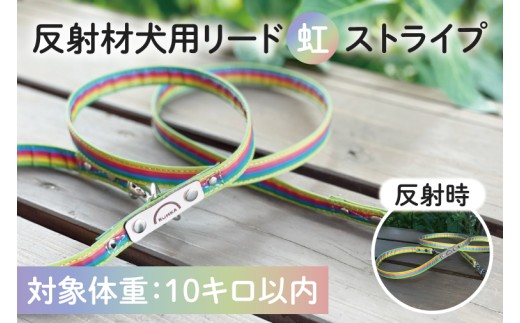 『虹ストライプ柄』オリジナル反射材の光る犬用リード【小型犬10kg用】【散歩 愛犬 夜散歩 阿見町 茨城県】(40-03)