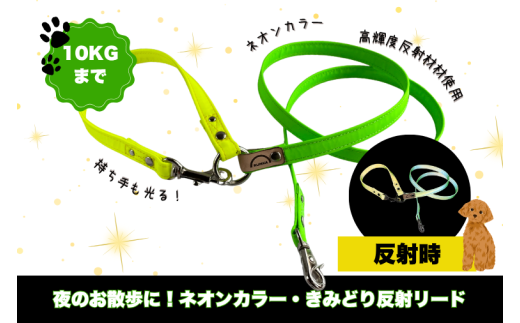 『ネオンカラー(黄緑)』オリジナル反射材の光る犬用リード【小型犬用10キロまで】【散歩 愛犬 夜散歩 手作り 阿見町 茨城県】(40-27)
