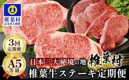 【 定期便 全3回 】 月に1回のお楽しみ！ 椎葉牛ステーキ定期便 総重量 1,080g 【 日本三大秘境 椎葉村 育ちの黒毛和牛 】[ 牛肉 ステーキ 定期便 定期配送 肉 牛ヒレ ヒレ肉 ロース サーロイン A5等級指定 黒毛和牛 ブランド牛 A5ランク おすすめ 送料無料 ] TK-102