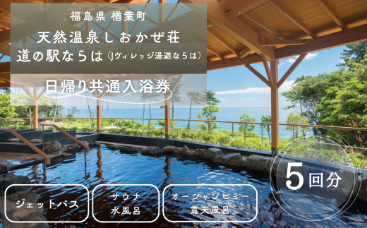 しおかぜ荘・道の駅ならは 共通入浴券5回分　【温泉 入浴券 券 福島 海 太平洋 一望  絶景 日の出 壺風呂 5回分 公園 キャンプ ドッグラン バーベキュー BBQ サイクリング 自然 遊具 福島県 楢葉 楢葉町 ジェラート 家族 子供連れ 友人 光 海沿い 景色 夏休み 春休み 父の日 母の日 敬老の日 ギフト券 ギフト】