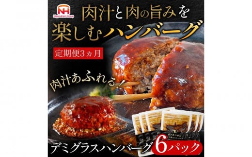 【定期便】肉汁あふれるデミグラスハンバーグ6個入　3ヶ月定期便 日本ハム 冷凍 個食 使い切り 湯煎 牛肉 豚肉 ※沖縄県・離島への配送不可
