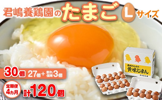 【4か月定期便】君嶋養鶏園のたまご Lサイズ 30個（27個＋割れ補償3個）×4ヶ月 計120個 | 定期便 4ヶ月 4か月 4ヵ月 卵 玉子 たまご 赤卵 赤たまご 生卵 国産 濃厚 鶏卵 コク 旨味