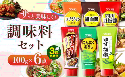 【ふるさと納税】【定期便3回】調味料6点セット(四川豆板醤、甜面醤、コチジャン、オイスターソース、ゆず胡椒、にんにくおろし)各100g×6 | 調味料 6種 那珂川町 栃木県