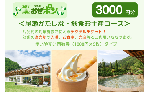 「おぜポン」尾瀬かたしな・飲食お土産コース3000円分（1000円×3枚）