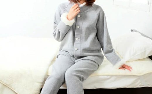 羊毛で暖かい「メリノン」リブパジャマ（レディース / グレー・L）【洗濯機で丸洗い可！】