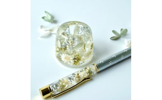 ハーバリウムボールペン&ペン立てセット(ホワイト、シルバー系)ギフト用【1335340】